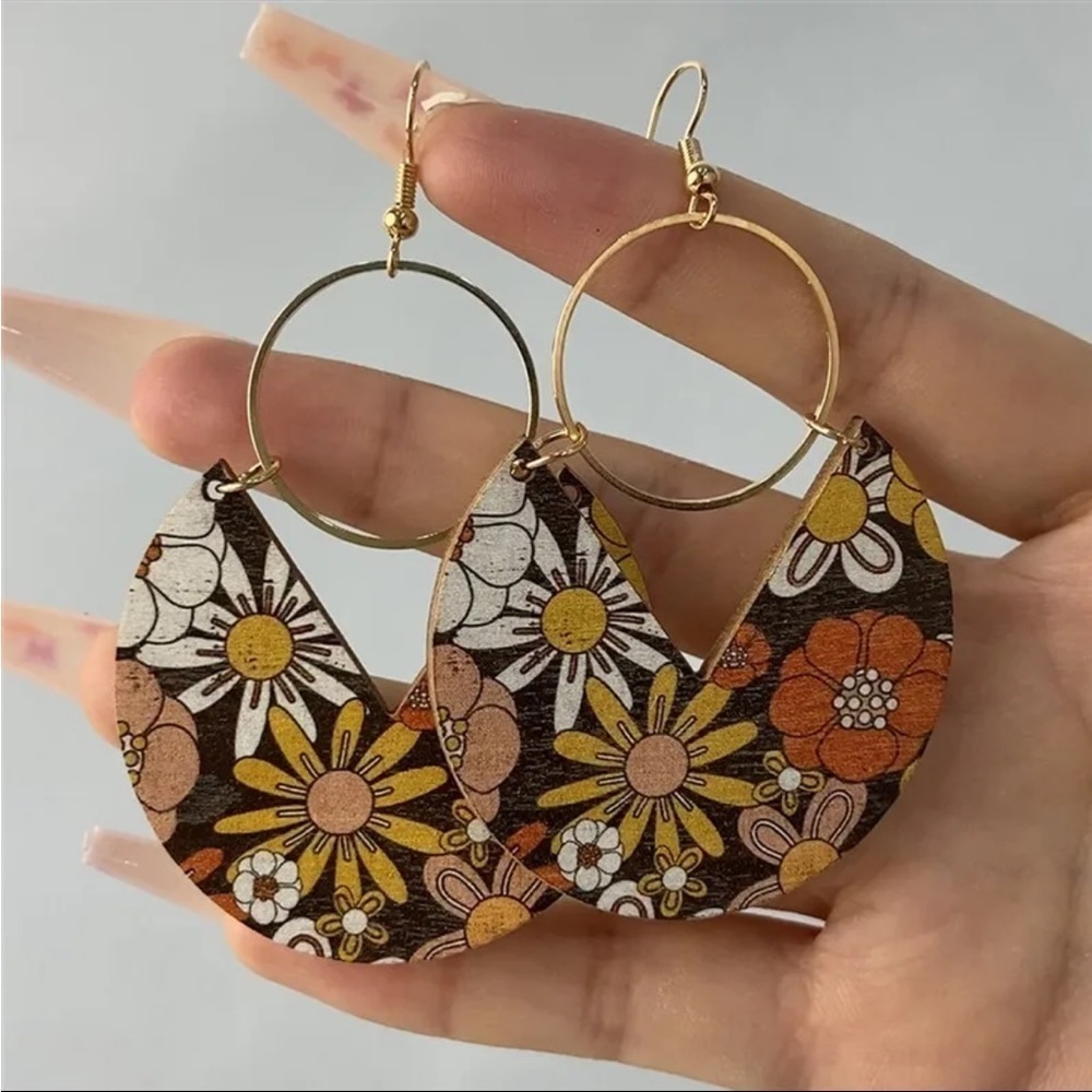 Boho floral geometric hook drop copper earrings Halloween - Picture 2 of 2